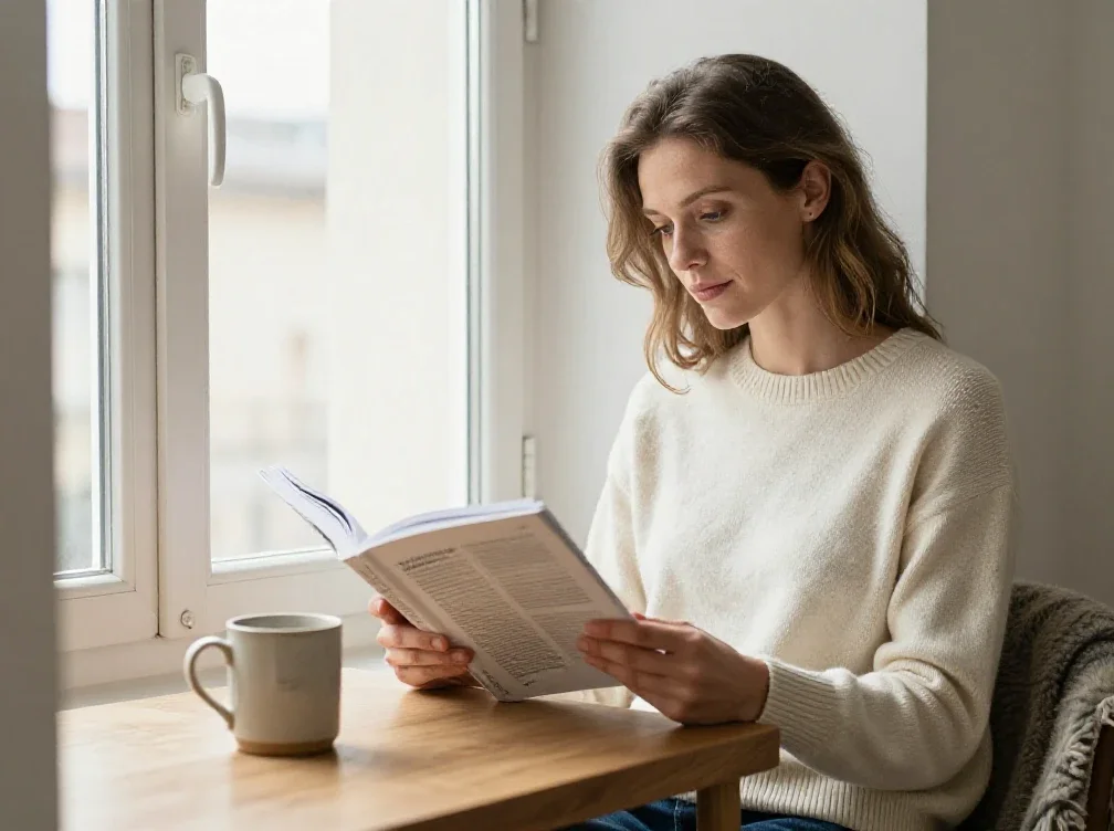 Une femme franaise lit un guide pratique dans un salon pour une information quotidienne claire.